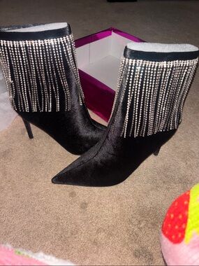Black Rhinestone Fringe Stiletto Ankle Boots